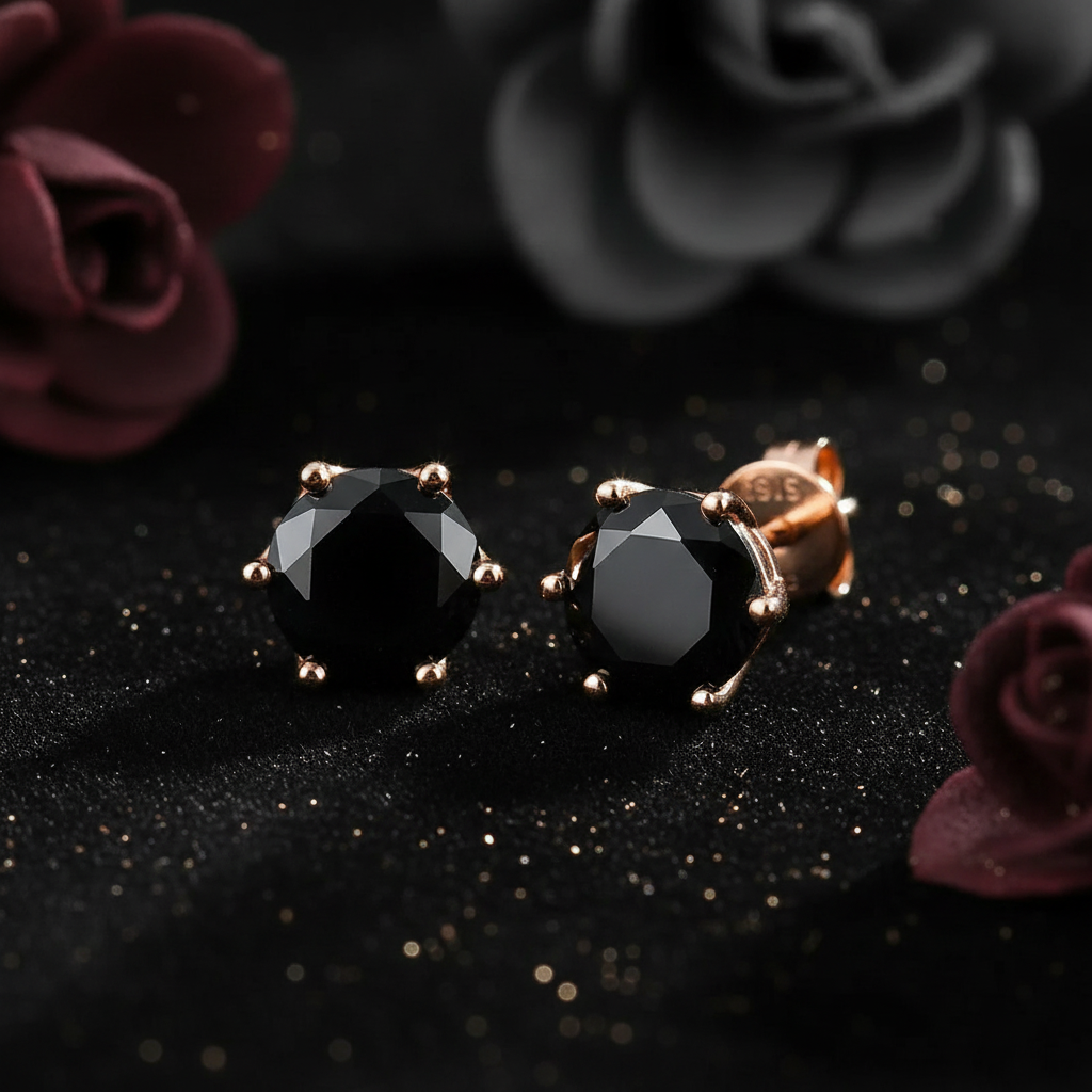 Rose Gold Black Moissanite Stud Earrings - V3