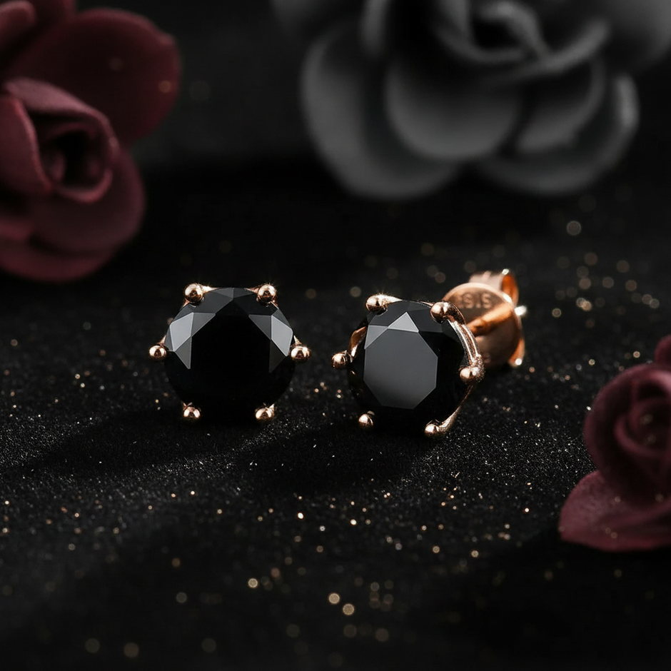 Rose Gold Black Moissanite Stud Earrings - V3
