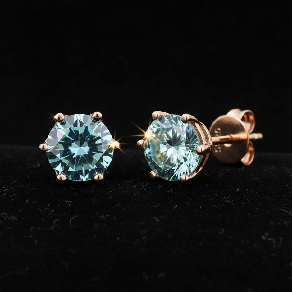 Rose Gold Blue Tango Moissanite Stud Earrings - V1 Revised
