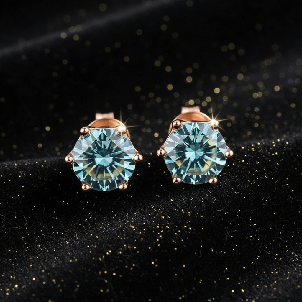 Rose Gold Blue Tango Moissanite Stud Earrings - V2 Revised