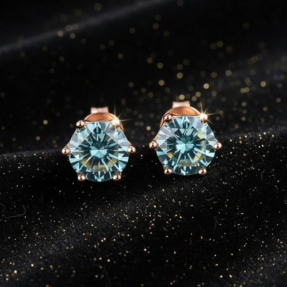 Rose Gold Blue Tango Moissanite Stud Earrings - V2 Revised