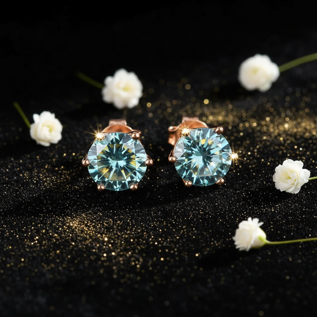 Rose Gold Blue Tango Moissanite Stud Earrings - V3 Revised