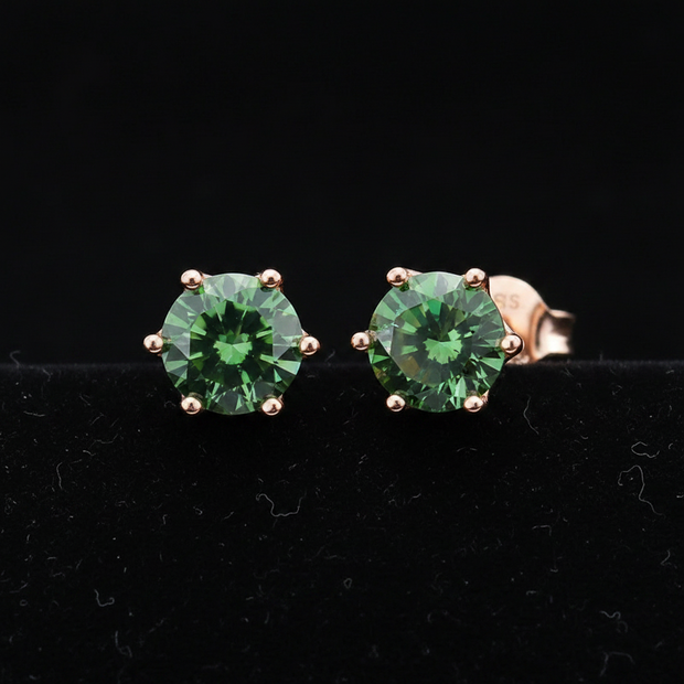 Rose Gold Green Moissanite Stud Earrings - V1