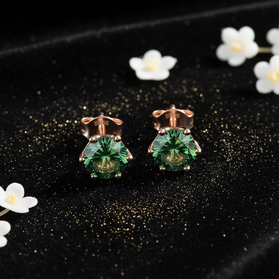 Rose Gold Green Moissanite Stud Earrings - V3