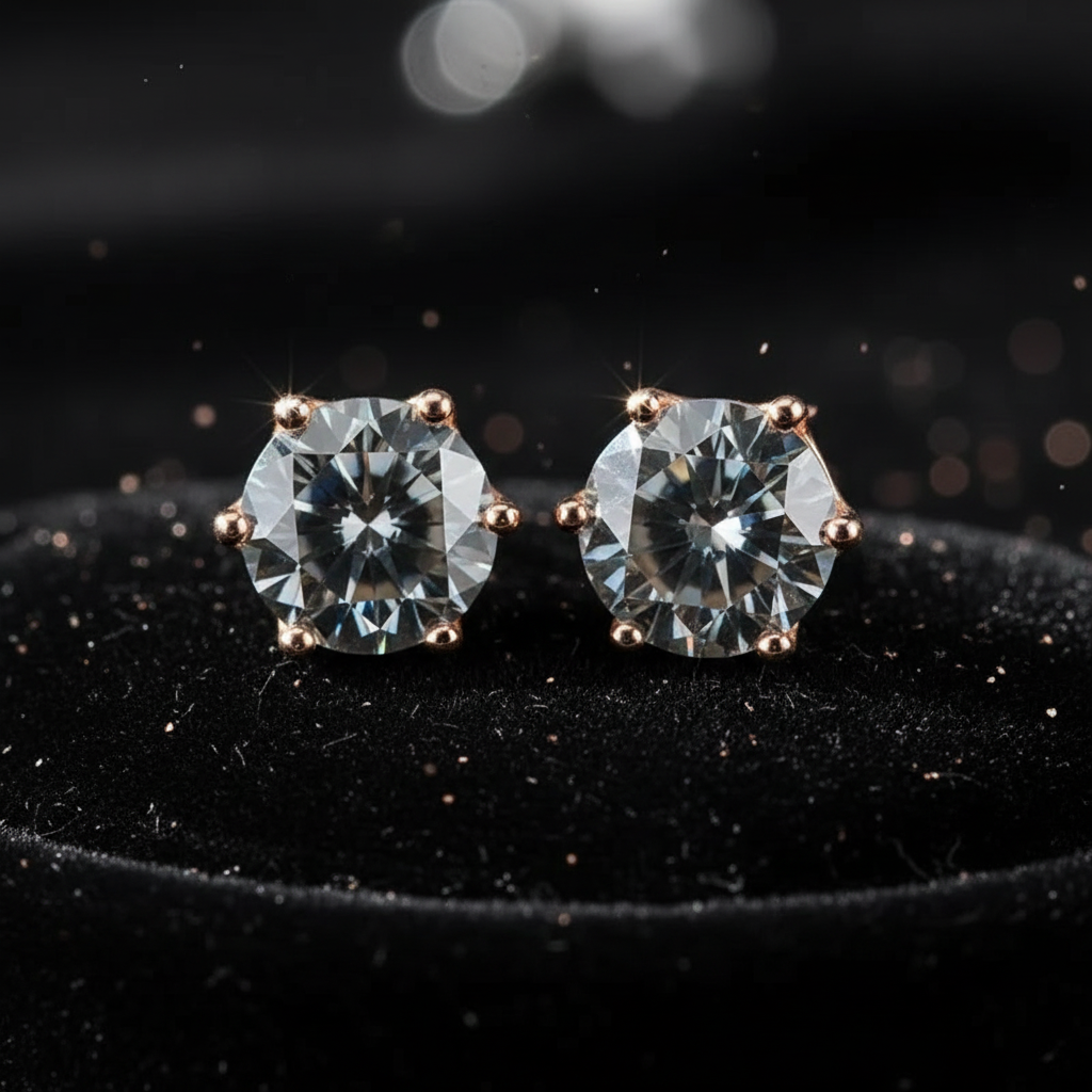 Rose Gold Grey Moissanite Stud Earrings - V2