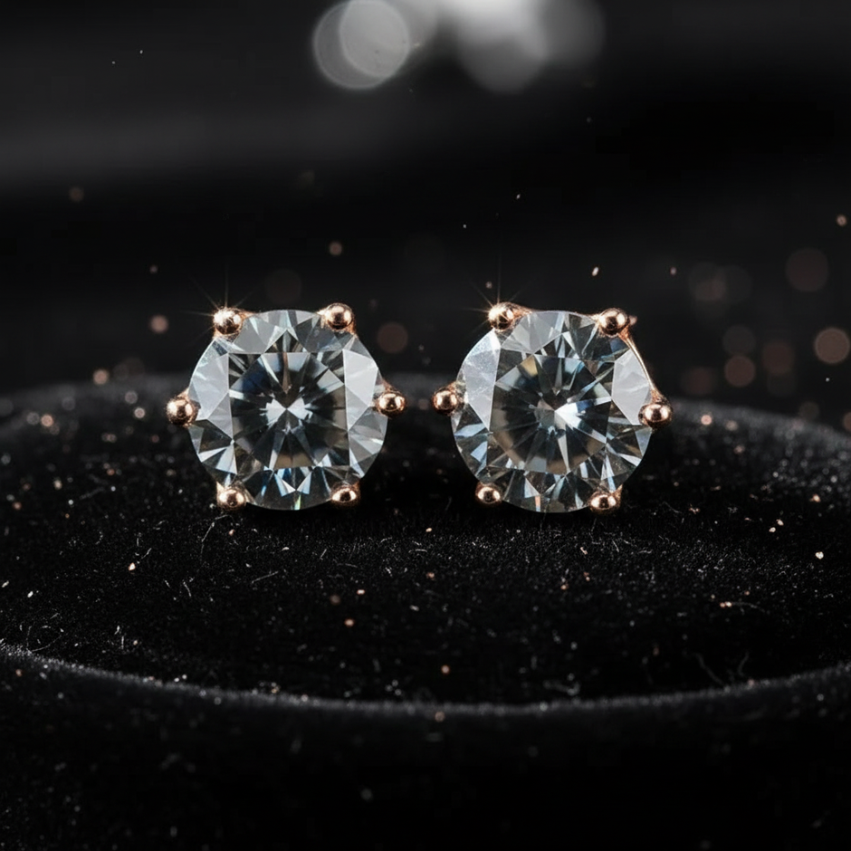 Rose Gold Grey Moissanite Stud Earrings - V2