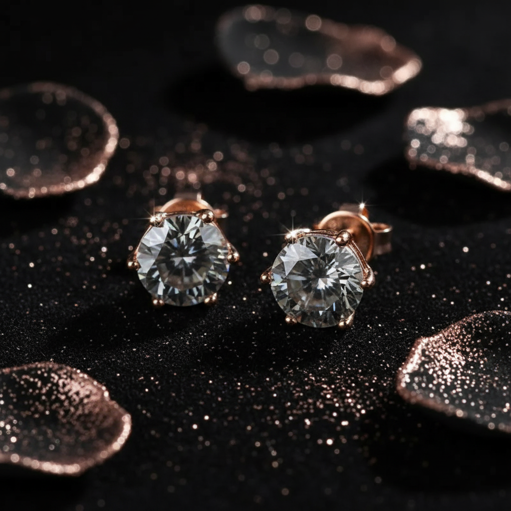 Rose Gold Grey Moissanite Stud Earrings - V3