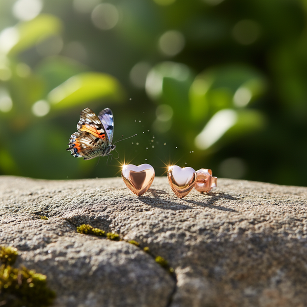 Rose gold heart earrings with butterfly landing on rock