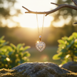 Rose gold heart pendant hanging from branch