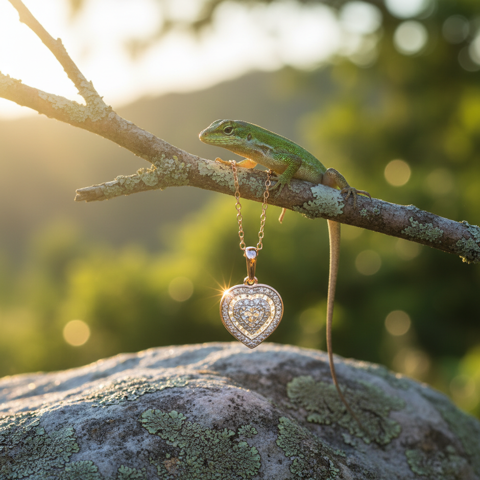 Rose gold heart pendant with lizard on branch