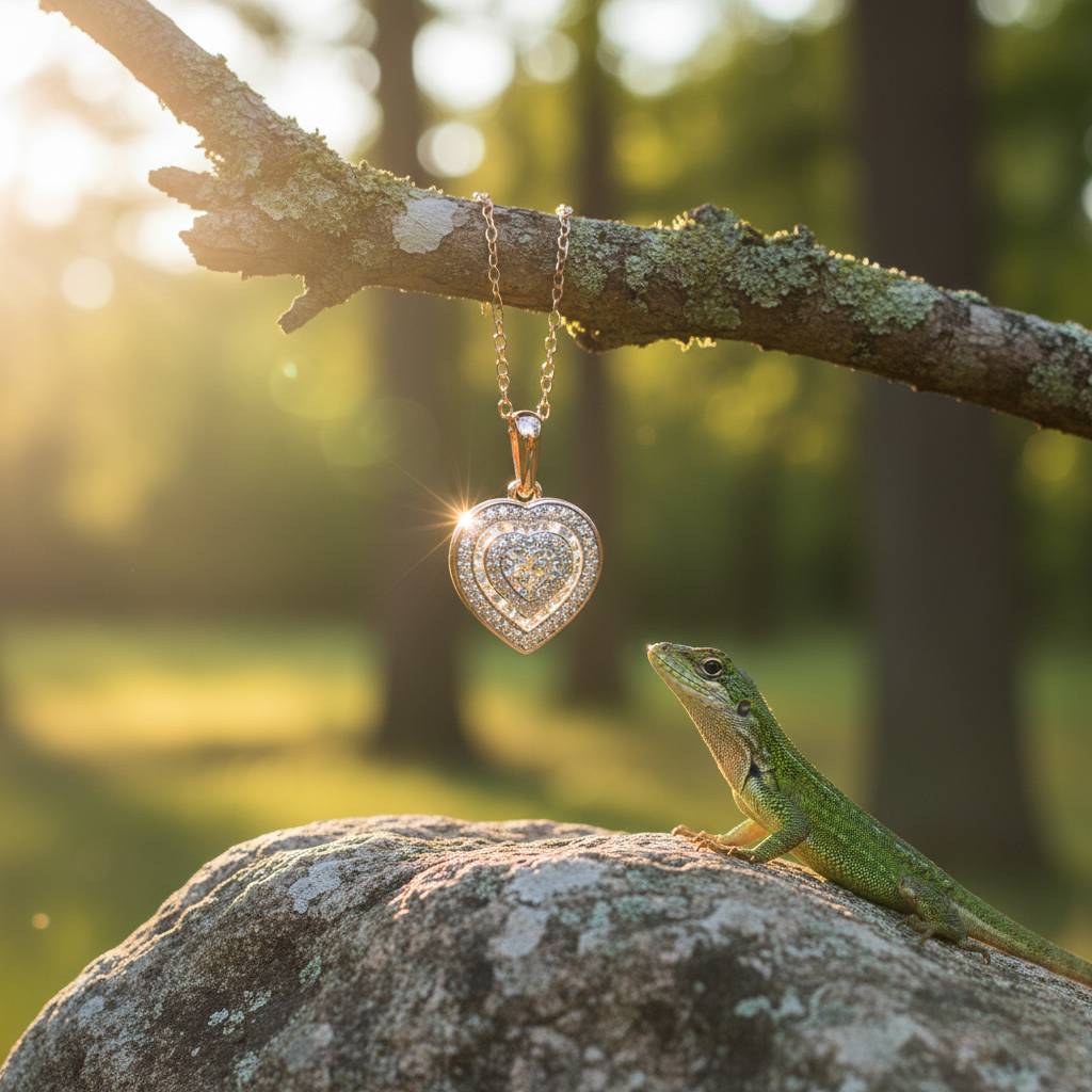 Rose gold heart pendant with lizard on rock looking up
