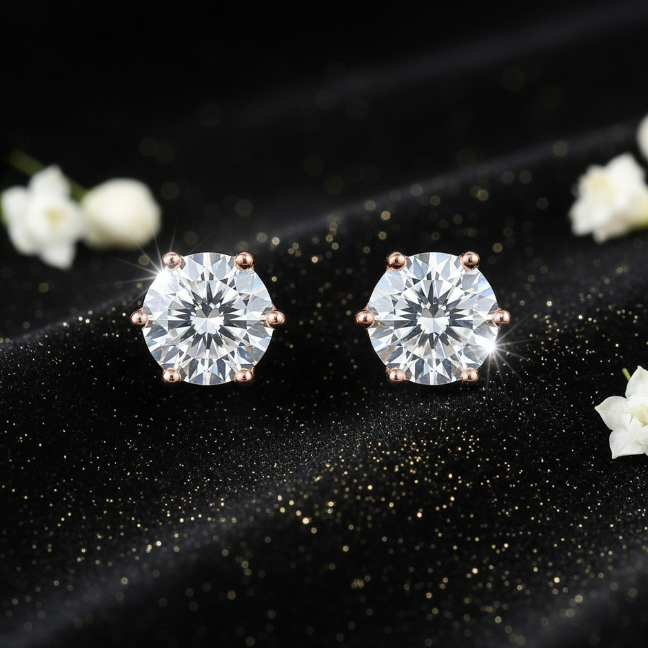 Rose Gold Hundred Faces Moissanite Stud Earrings - V3