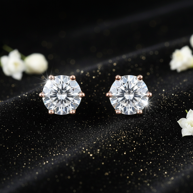 Rose Gold Hundred Faces Moissanite Stud Earrings - V3