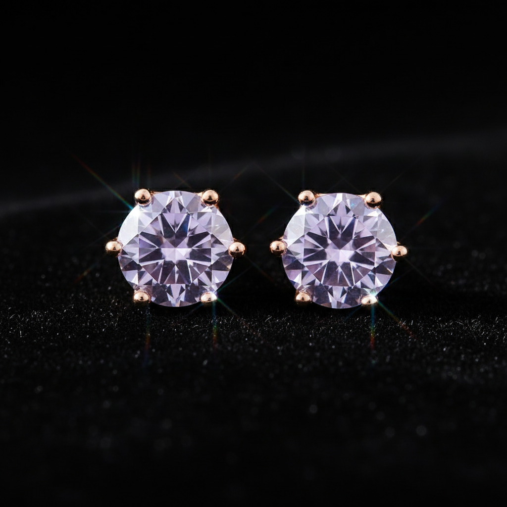 Rose Gold Lavender Moissanite Stud Earrings - V1