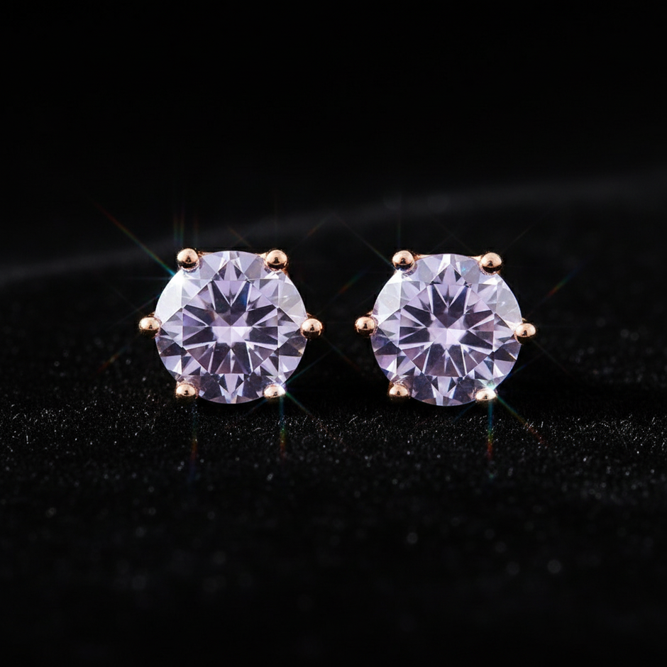 Rose Gold Lavender Moissanite Stud Earrings - V1