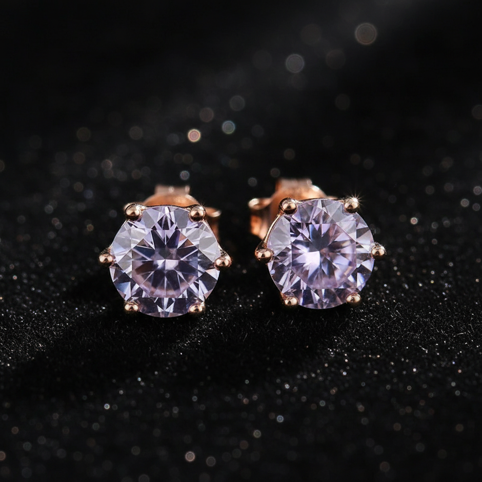 Rose Gold Lavender Moissanite Stud Earrings - V2