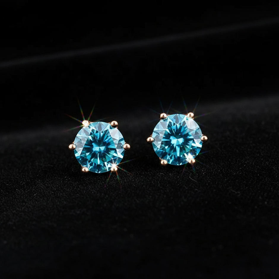 Rose Gold Royal Blue Moissanite Stud Earrings - V1