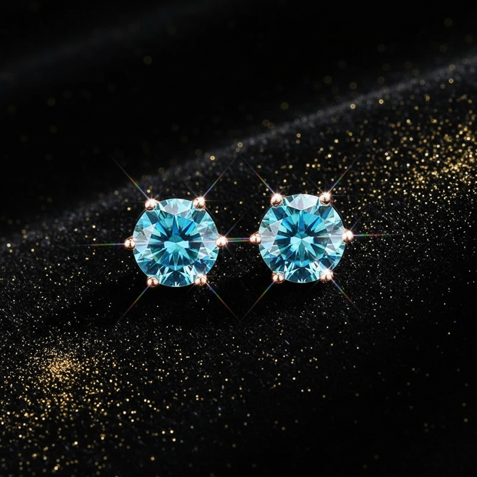 Rose Gold Royal Blue Moissanite Stud Earrings - V2