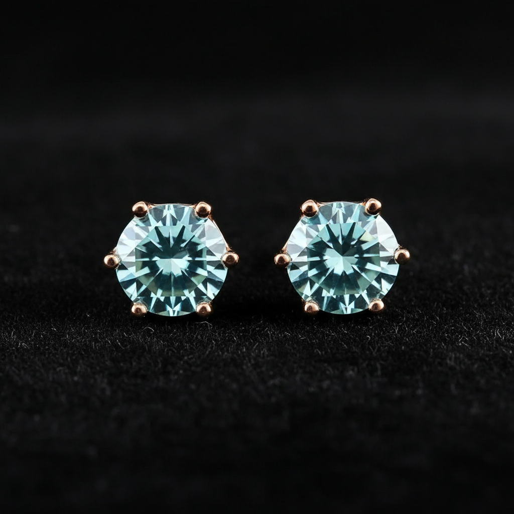 Rose Gold Sea Blue Moissanite Stud Earrings - V1