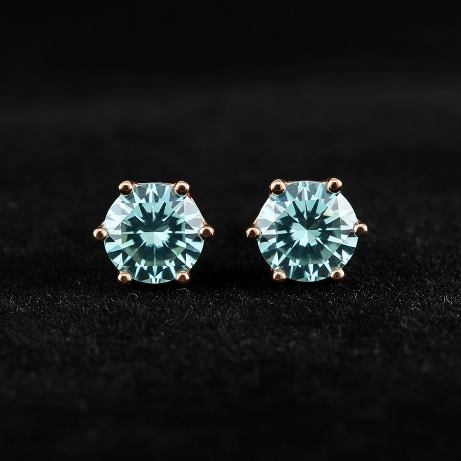 Rose Gold Sea Blue Moissanite Stud Earrings - V1