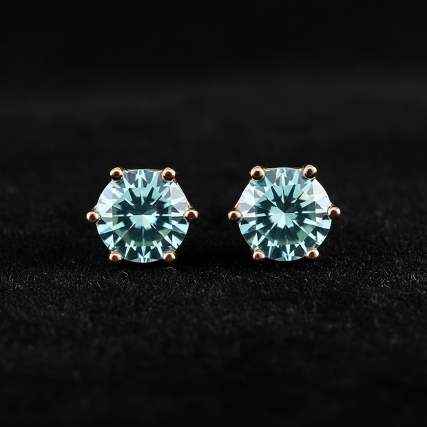 Rose Gold Sea Blue Moissanite Stud Earrings - V1