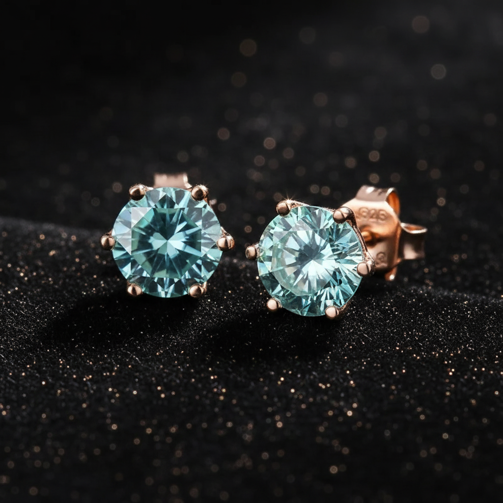 Rose Gold Sea Blue Moissanite Stud Earrings - V2