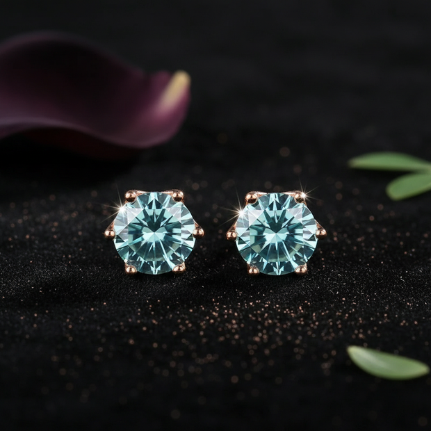 Rose Gold Sea Blue Moissanite Stud Earrings - V3