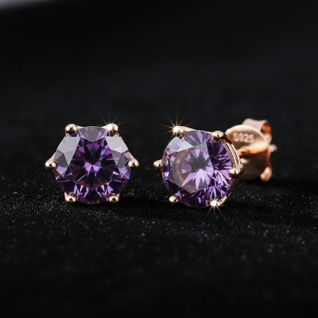 Rose Gold Violet Moissanite Stud Earrings - V1