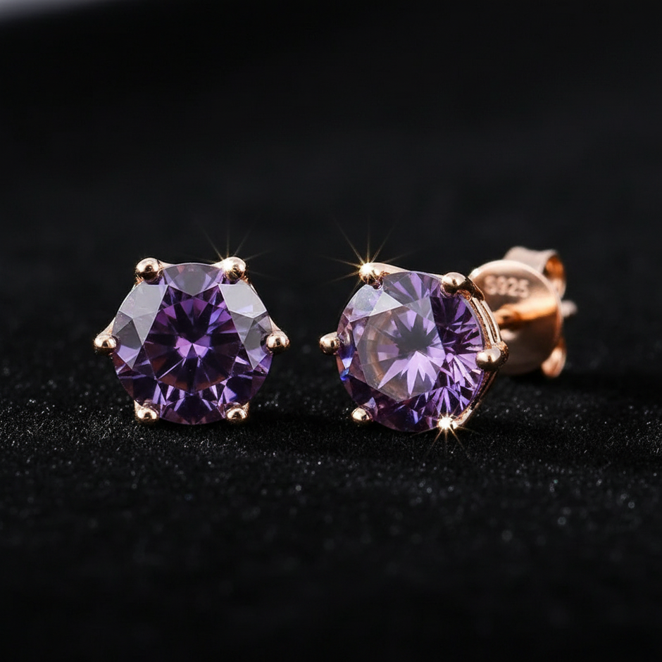 Rose Gold Violet Moissanite Stud Earrings - V1