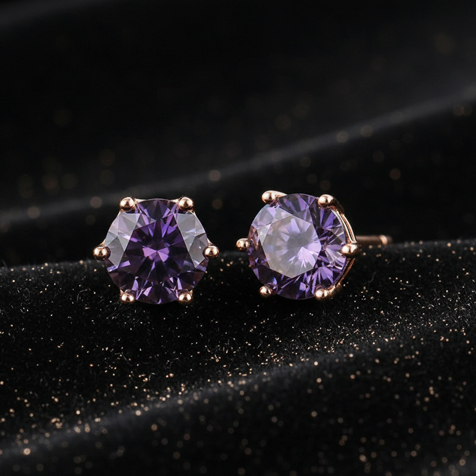 Rose Gold Violet Moissanite Stud Earrings - V2