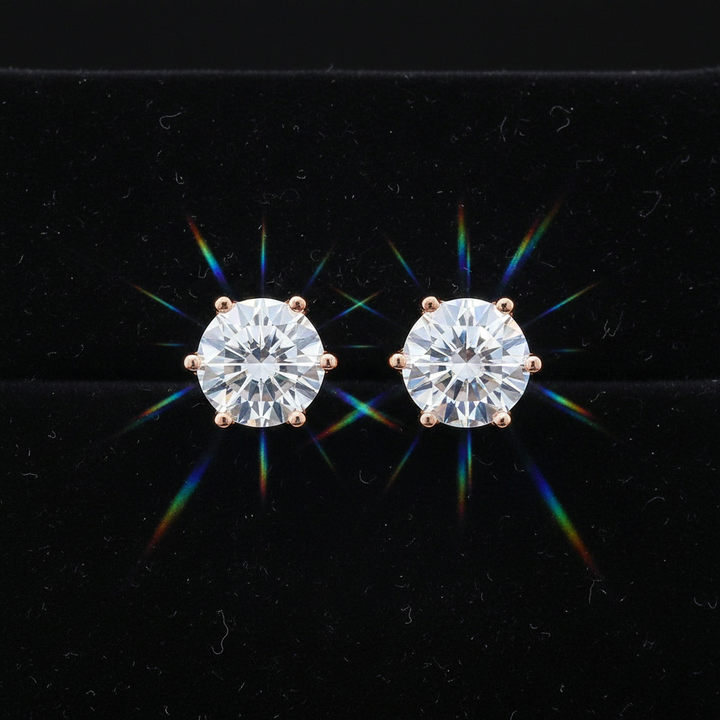 Rose Gold White Moissanite Stud Earrings - V1