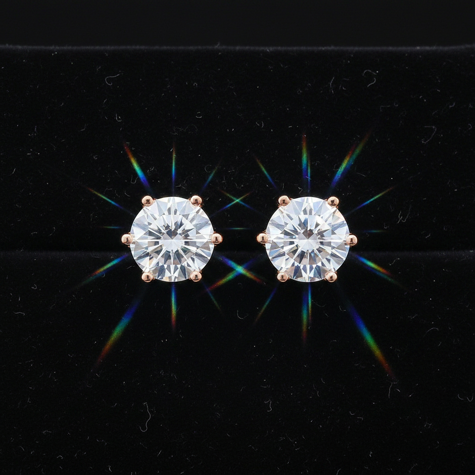 Rose Gold White Moissanite Stud Earrings - V1