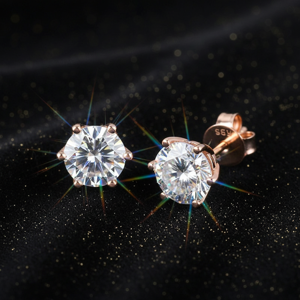 Rose Gold White Moissanite Stud Earrings - V2