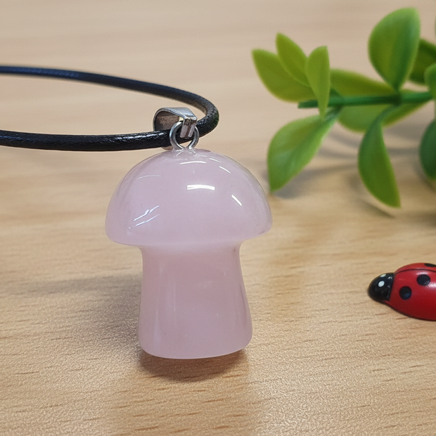 Rose Quartz Mushroom Pendant – Wooden Surface