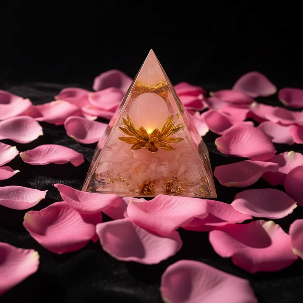 Rose Quartz Pyramid - Black Velvet & Rose Petals v2