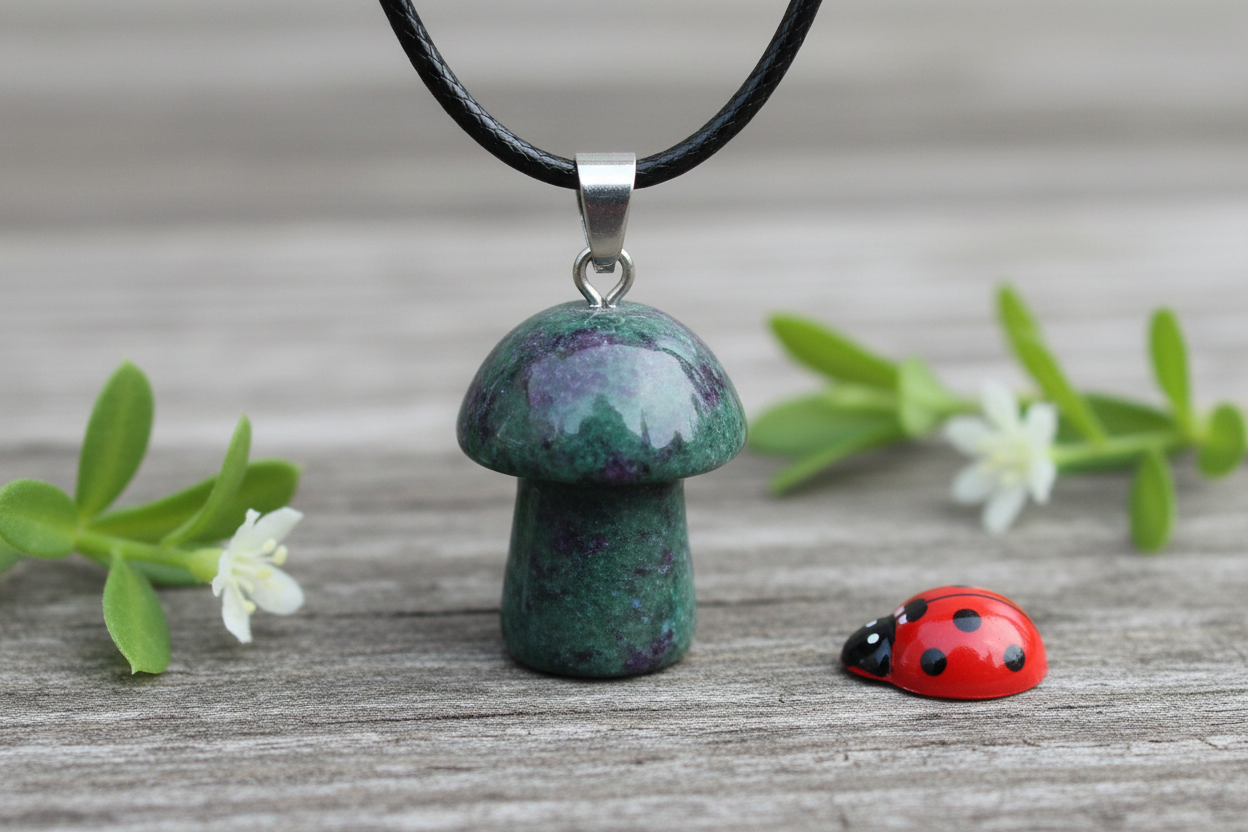 Ruby Zoisite Mushroom Pendant – Wooden Surface