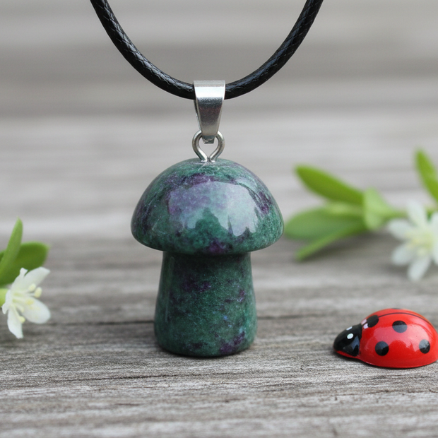 Ruby Zoisite Mushroom Pendant – Wooden Surface