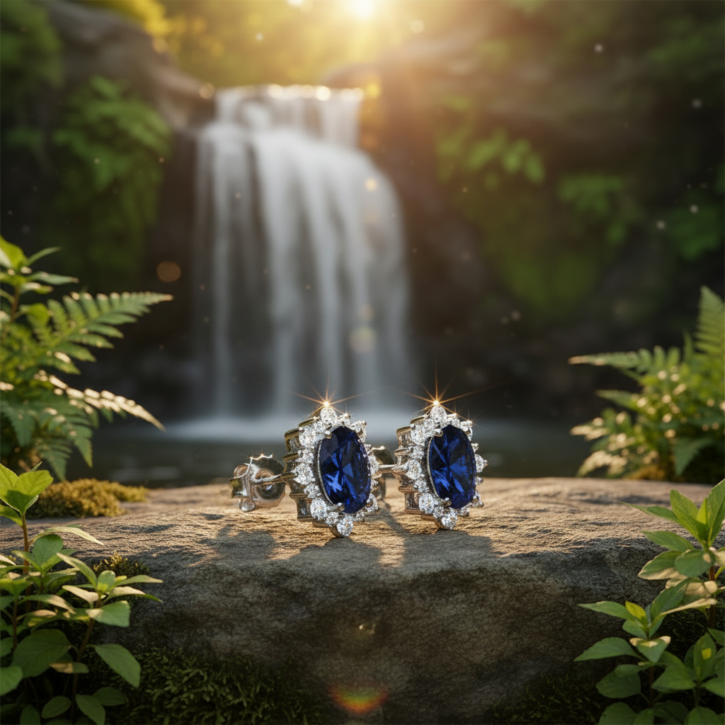 Sapphire earrings angled view by waterfall