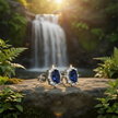 Sapphire earrings angled view by waterfall