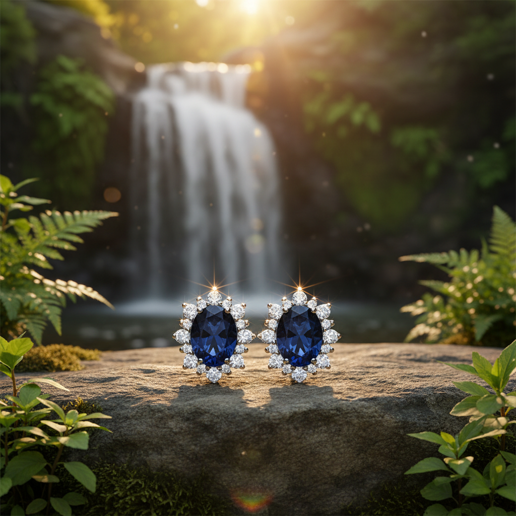 Sapphire earrings sparkling on rock by waterfall