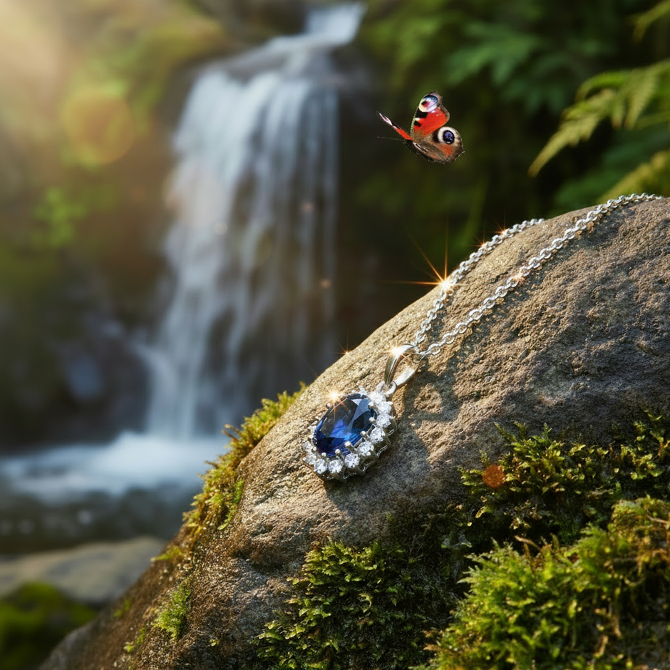 Sapphire pendant with butterfly in far background