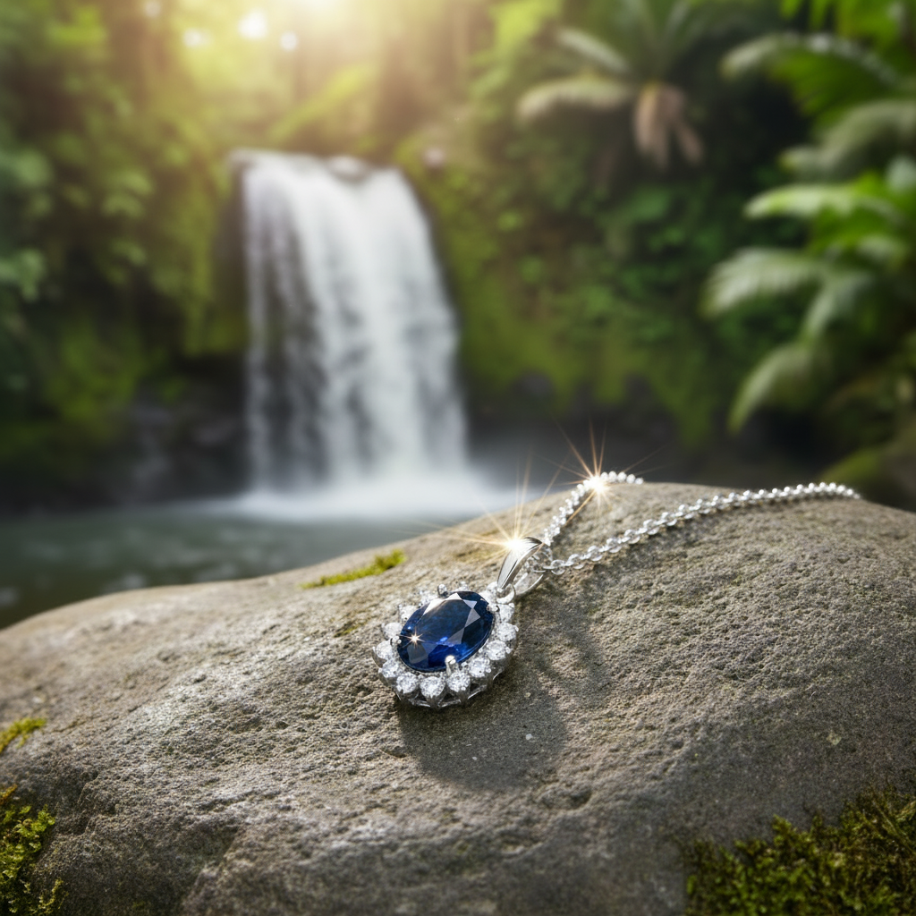 Sapphire pendant with snake chain sparkling by waterfall