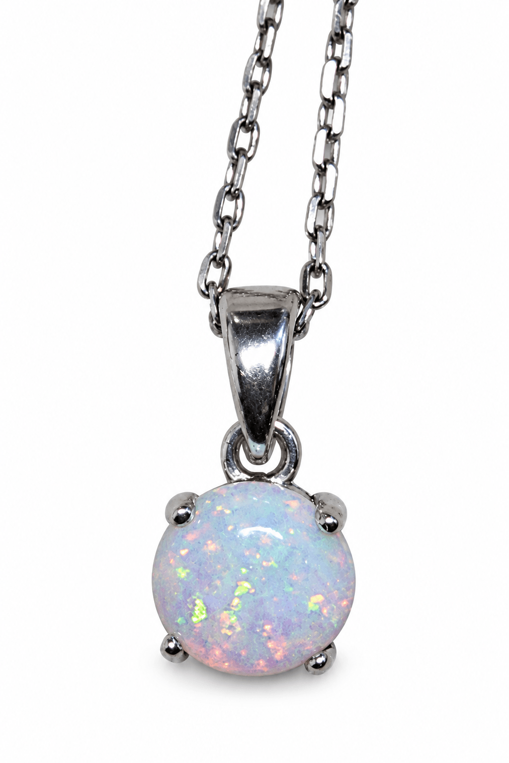 925 Sterling Silver 5mm White Fire Opal Pendant Necklace
