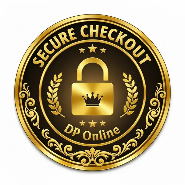 A circular gold and black 'Secure Checkout' badge with a padlock and crown icon in the center, plus the text 'DP Online', shown on a plain white background.