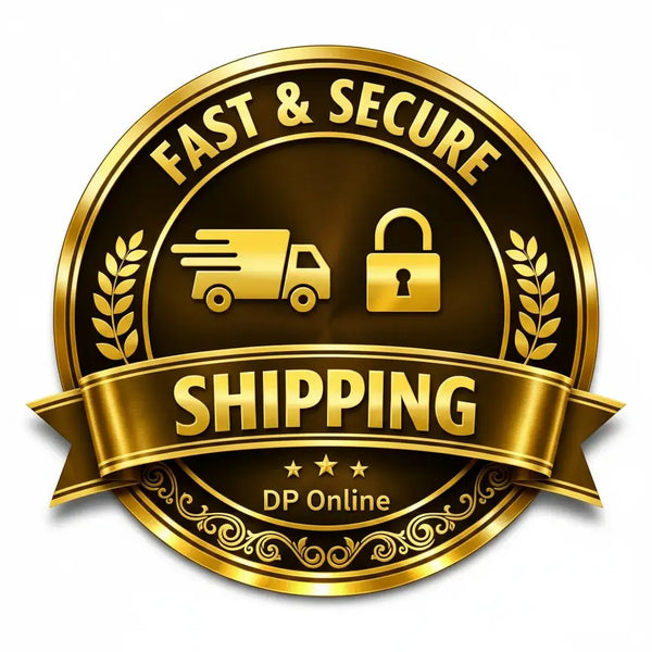 A circular gold and black shipping badge with the words 'FAST & SECURE SHIPPING' and 'DP Online,' featuring a gold truck and padlock icon on a white background.