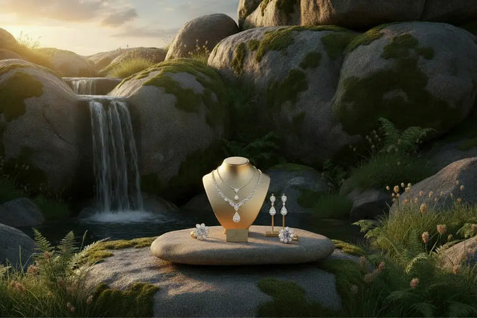 A jewelry display set in a natural outdoor scene with mossy rocks, a small waterfall, and warm sunlight. The set includes a pearl necklace on a cream-colored bust, matching drop earrings, and a small ring on a stone platform.