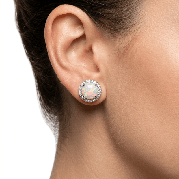 18ct White Gold 10mm White Fire Opal Moissanite Stud