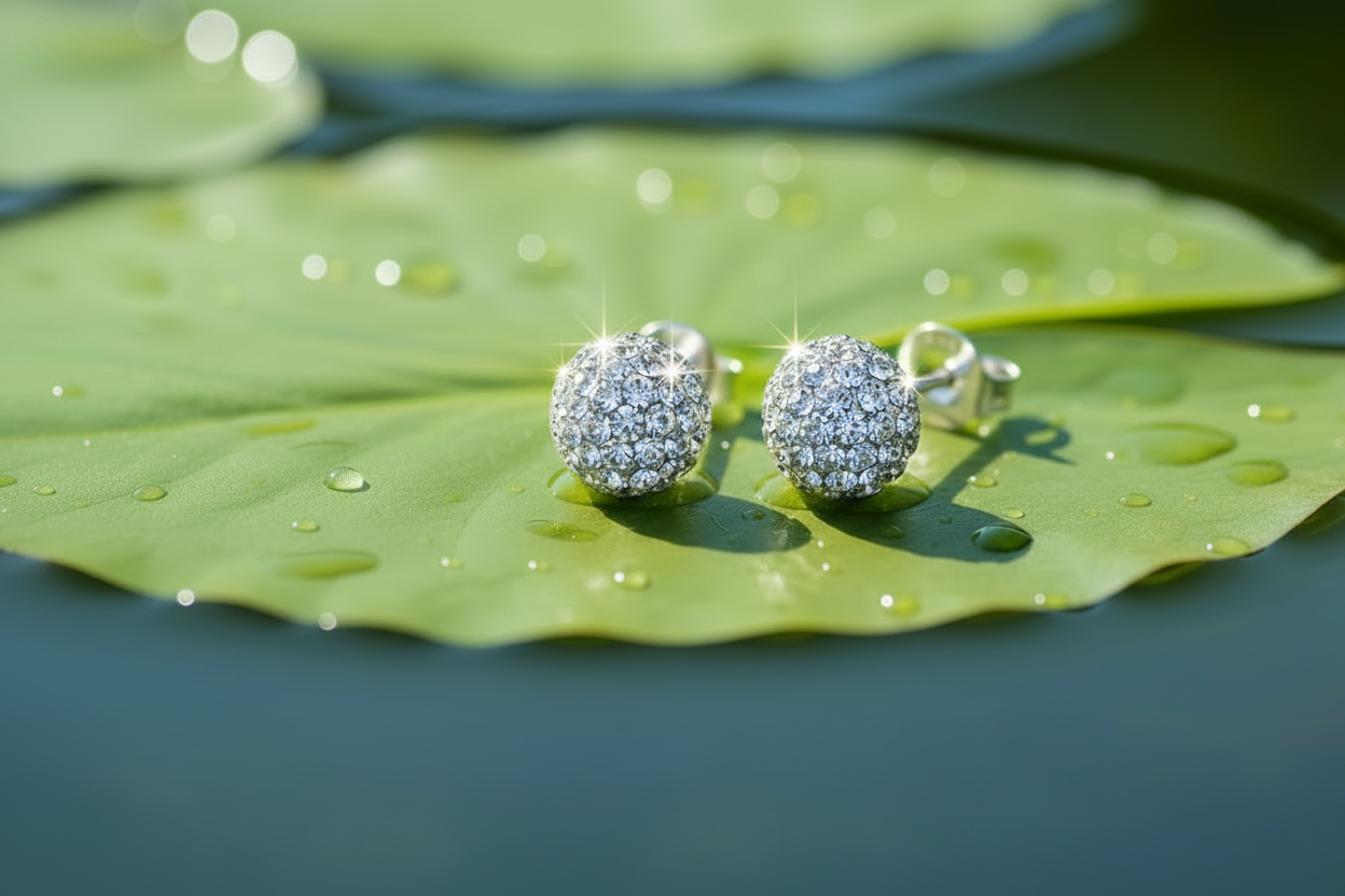 Silver ball stud earrings right to left angle