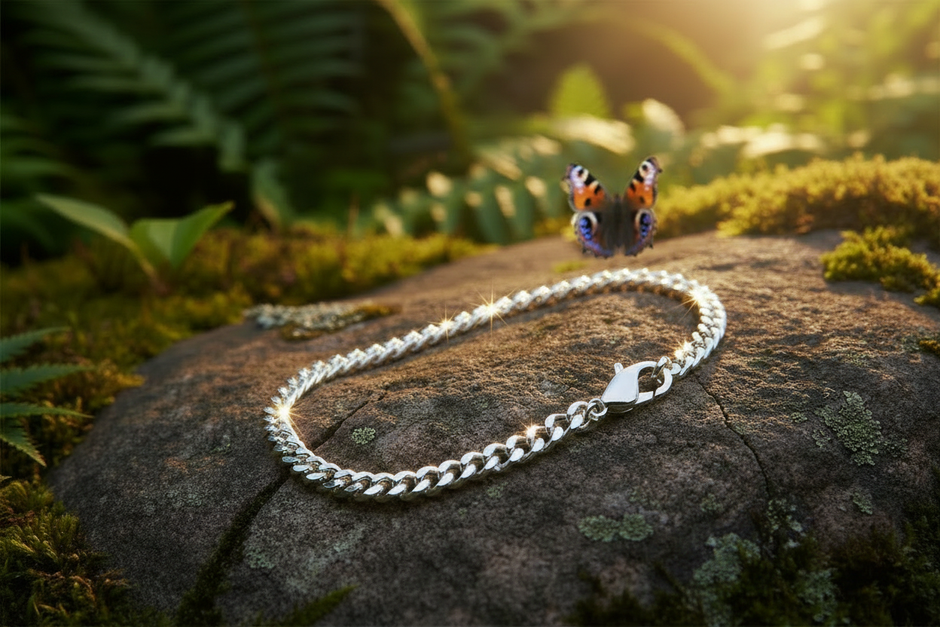 Silver bracelet on rock with butterfly