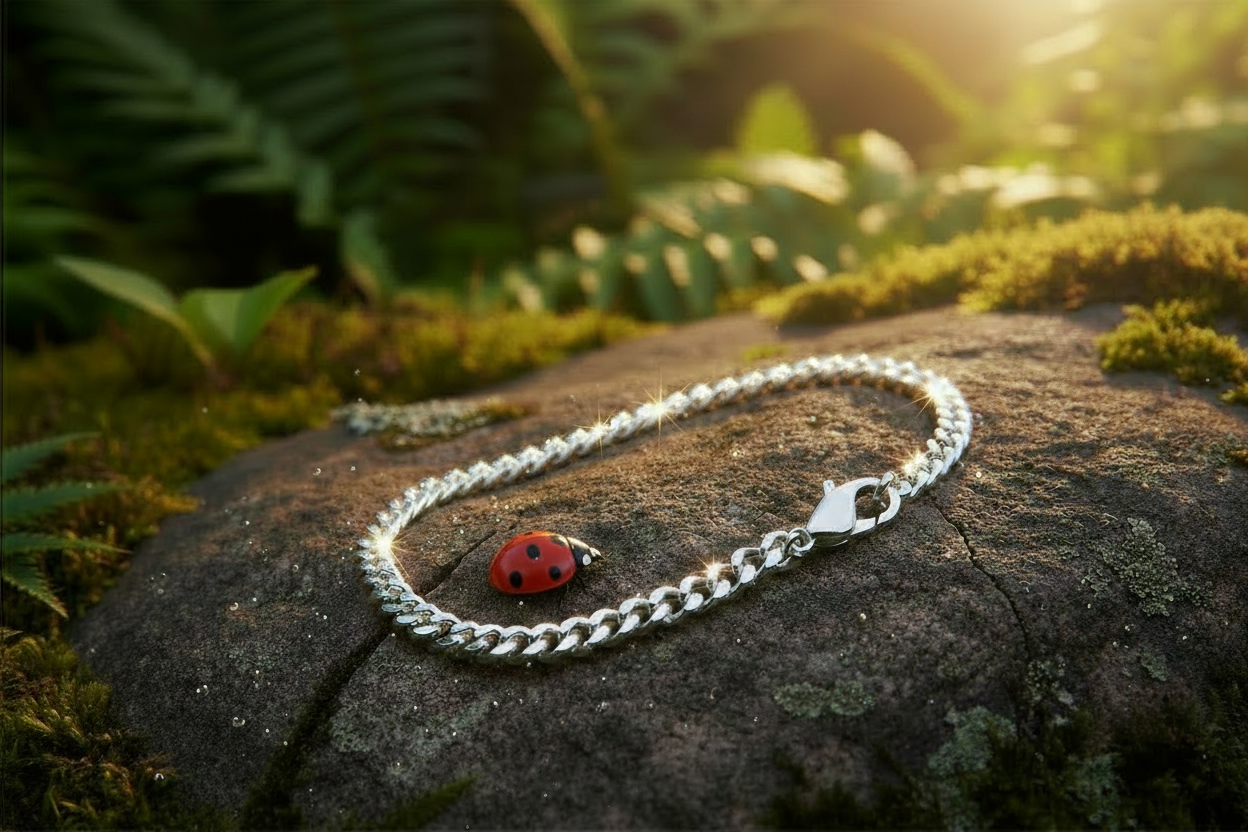 Silver bracelet with dew drops and ladybug on rock